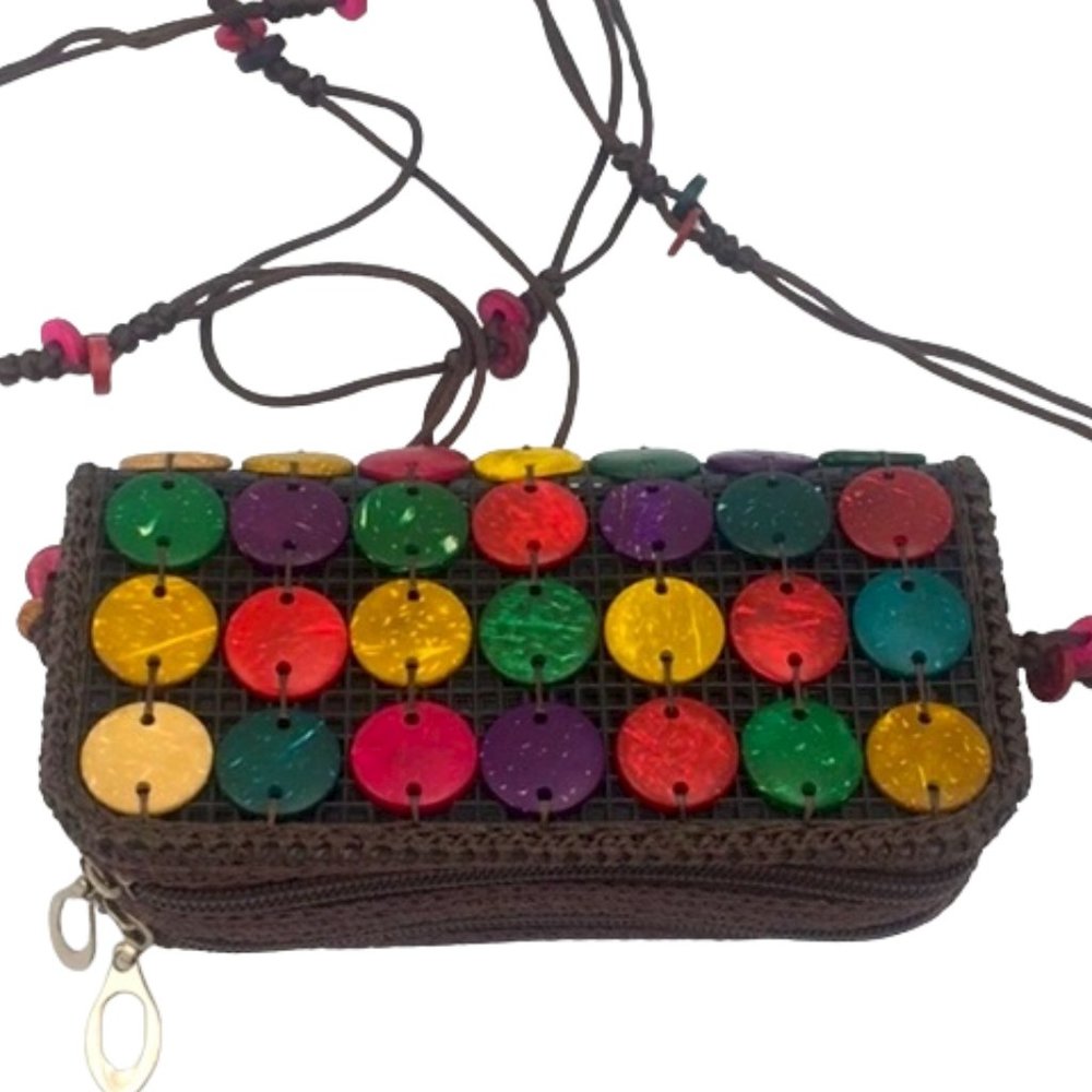 Boho Multicolored Button Wooden/Woven Crossbody Bag